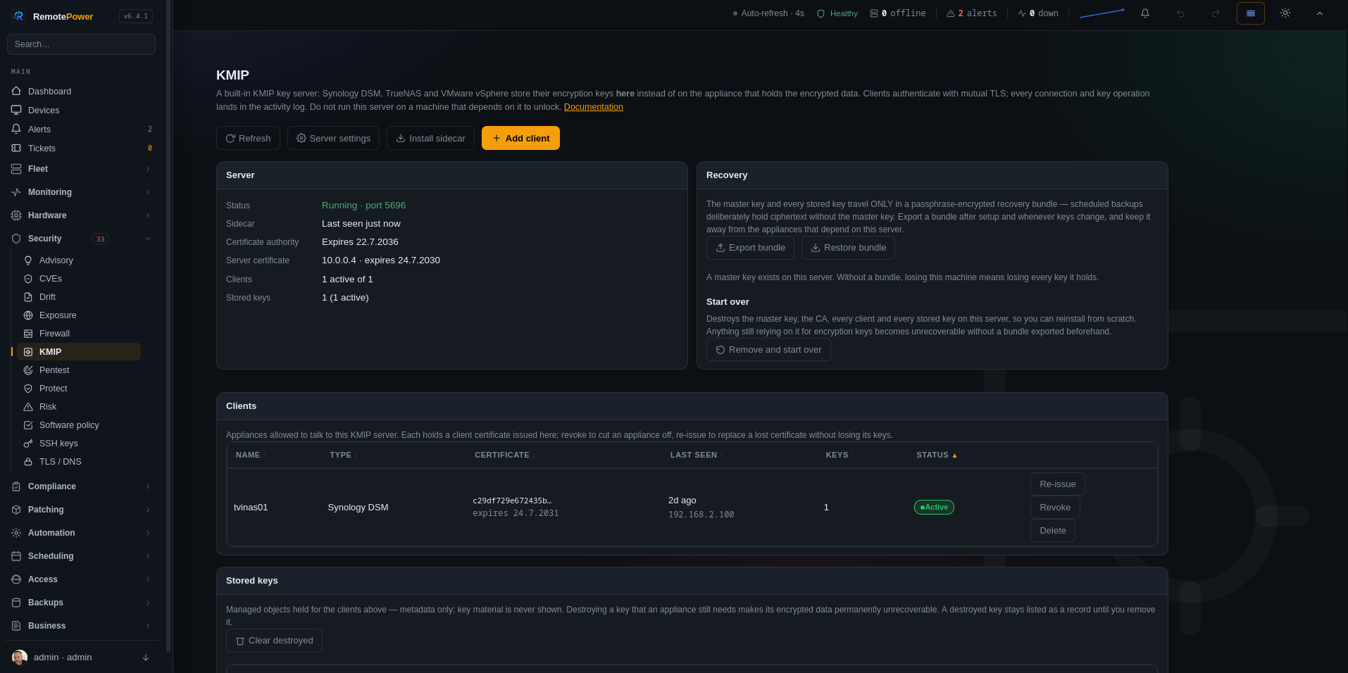 Security → KMIP — server state, clients, keys and activity